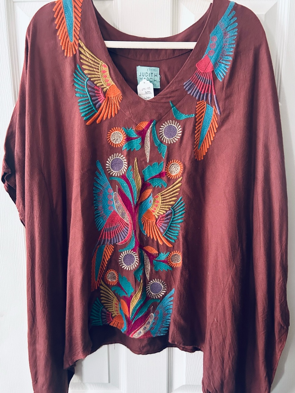 Judith March Brown Embroidered V-Neck Women’s Top